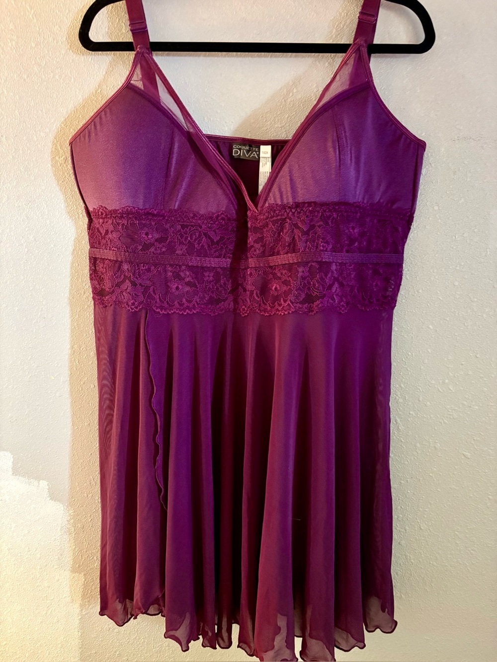 Coquette Diva Plum Lace Babydoll Chemise Nightdress w/ Padded Bra & Thong 1X-2X